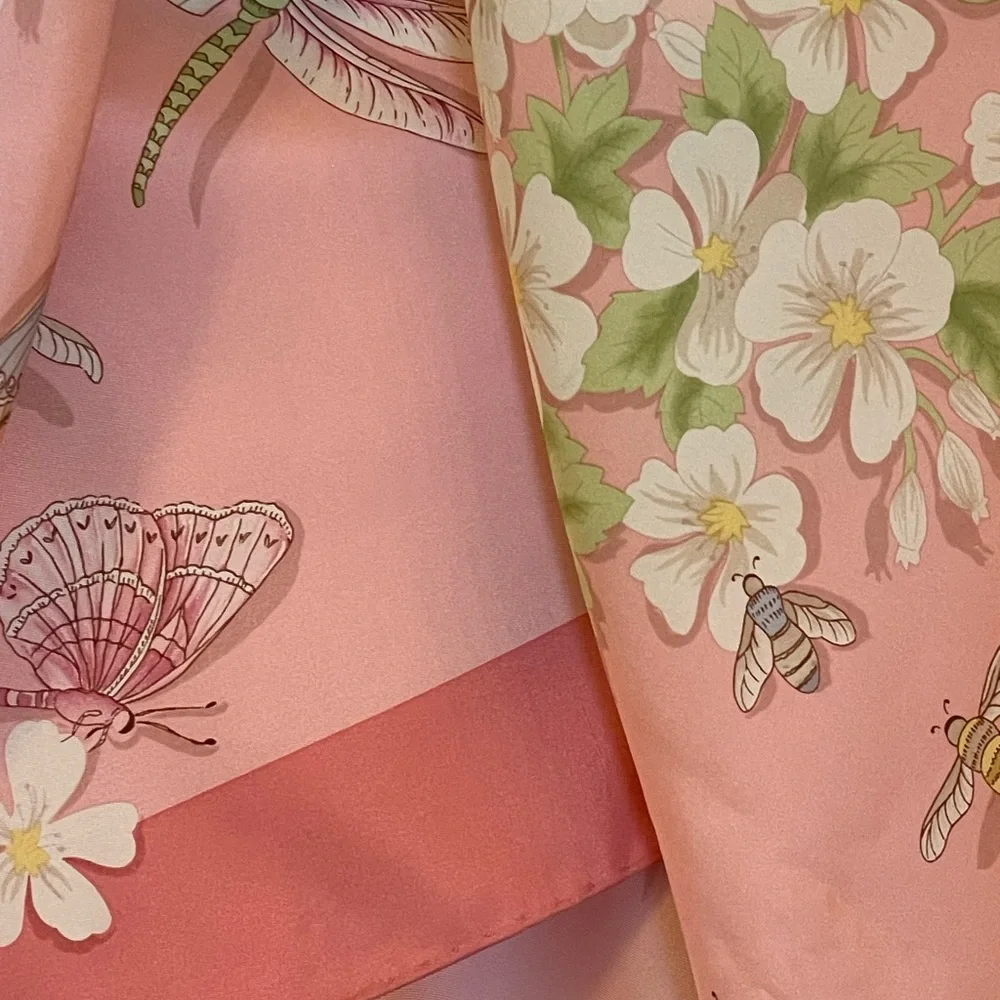 Beautiful scarf - Butterflies, dragonflies, & florals on a pink background